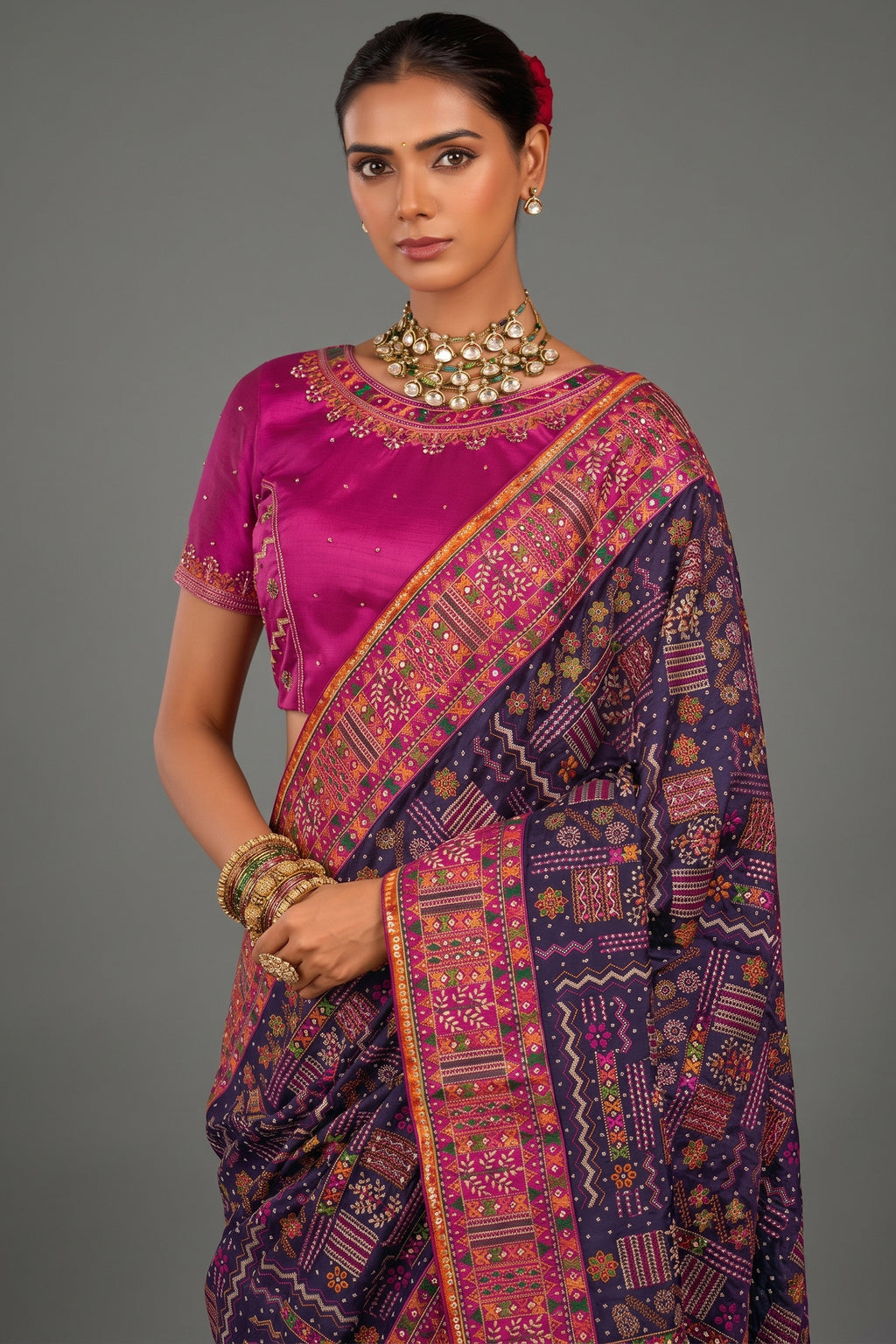 Deep Purple Shana Silk Saree Traditional Kachhi Artistry with Sparkling Diamonds