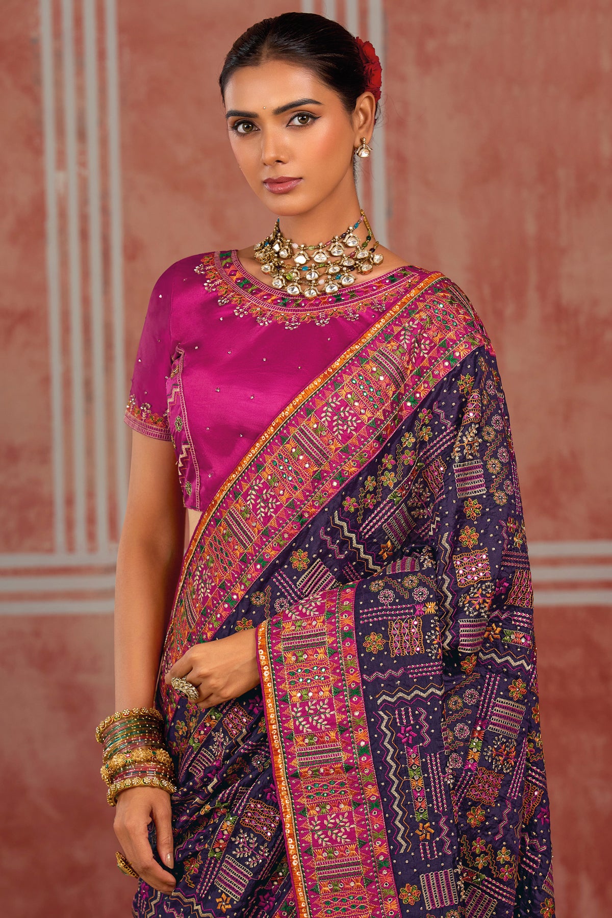 Deep Purple Shana Silk Saree Traditional Kachhi Artistry with Sparkling Diamonds