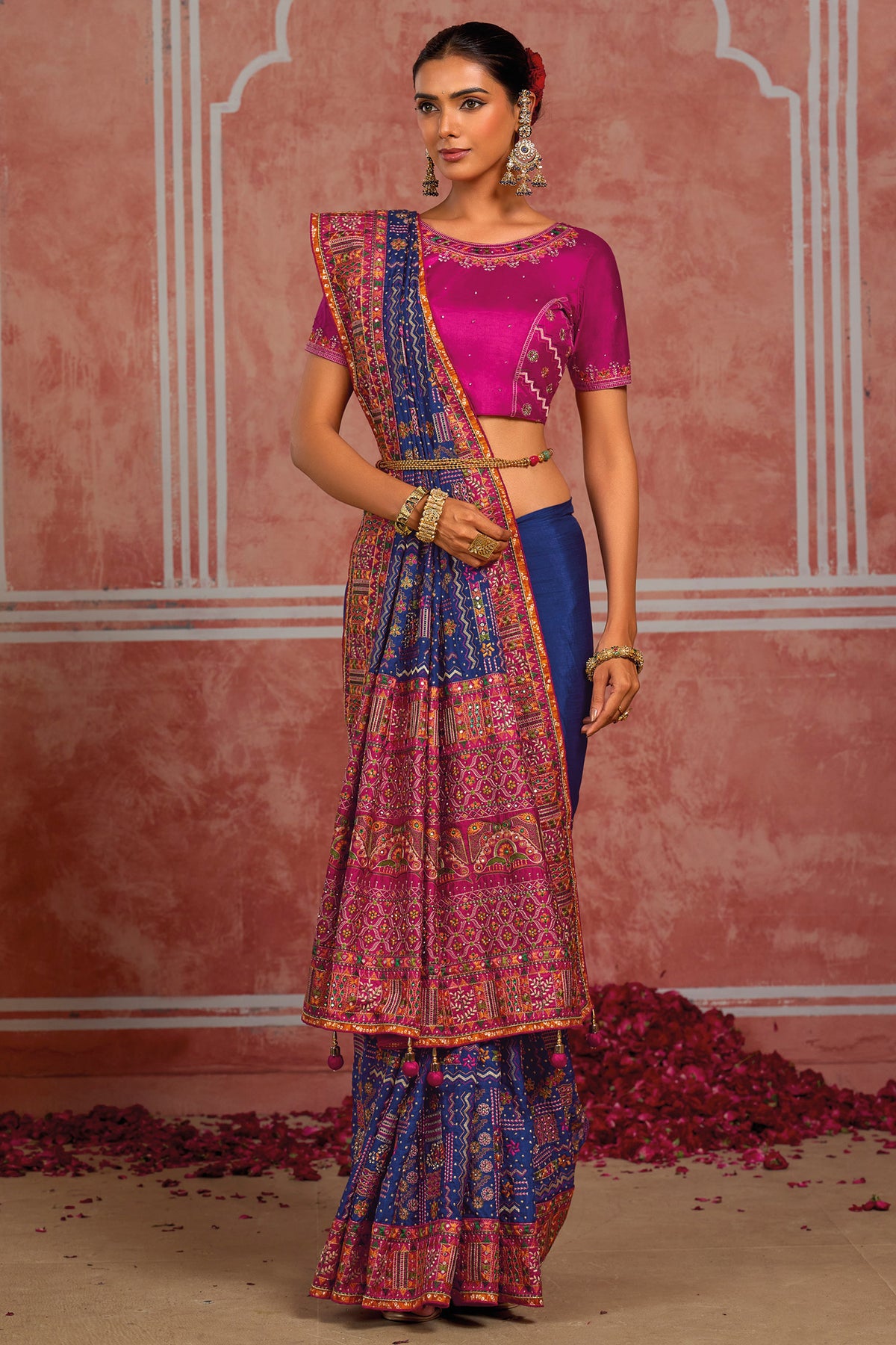 Royal Blue Silk Saree with Kachhi & Mirror Work