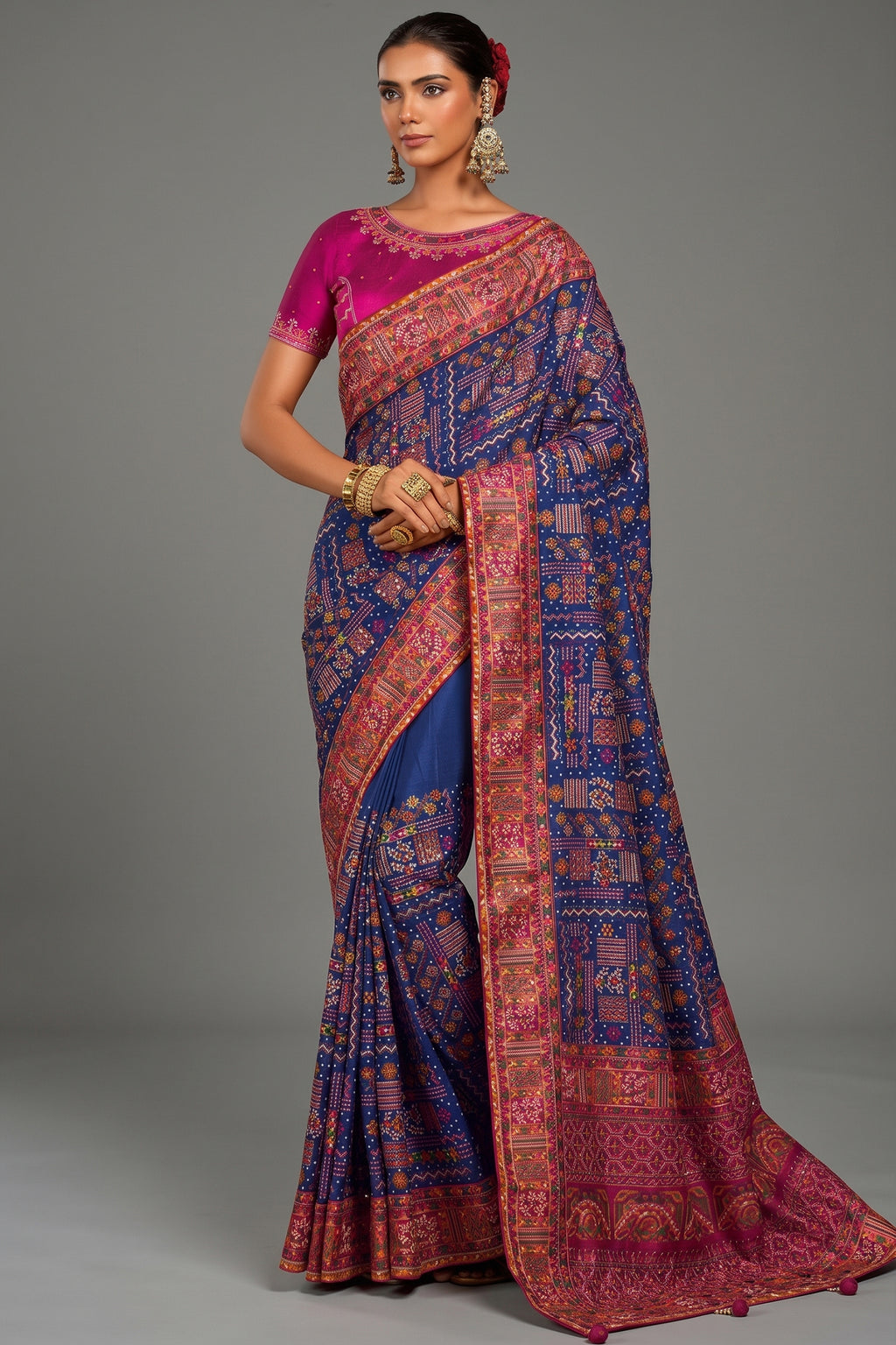 Royal Blue Silk Saree with Kachhi & Mirror Work