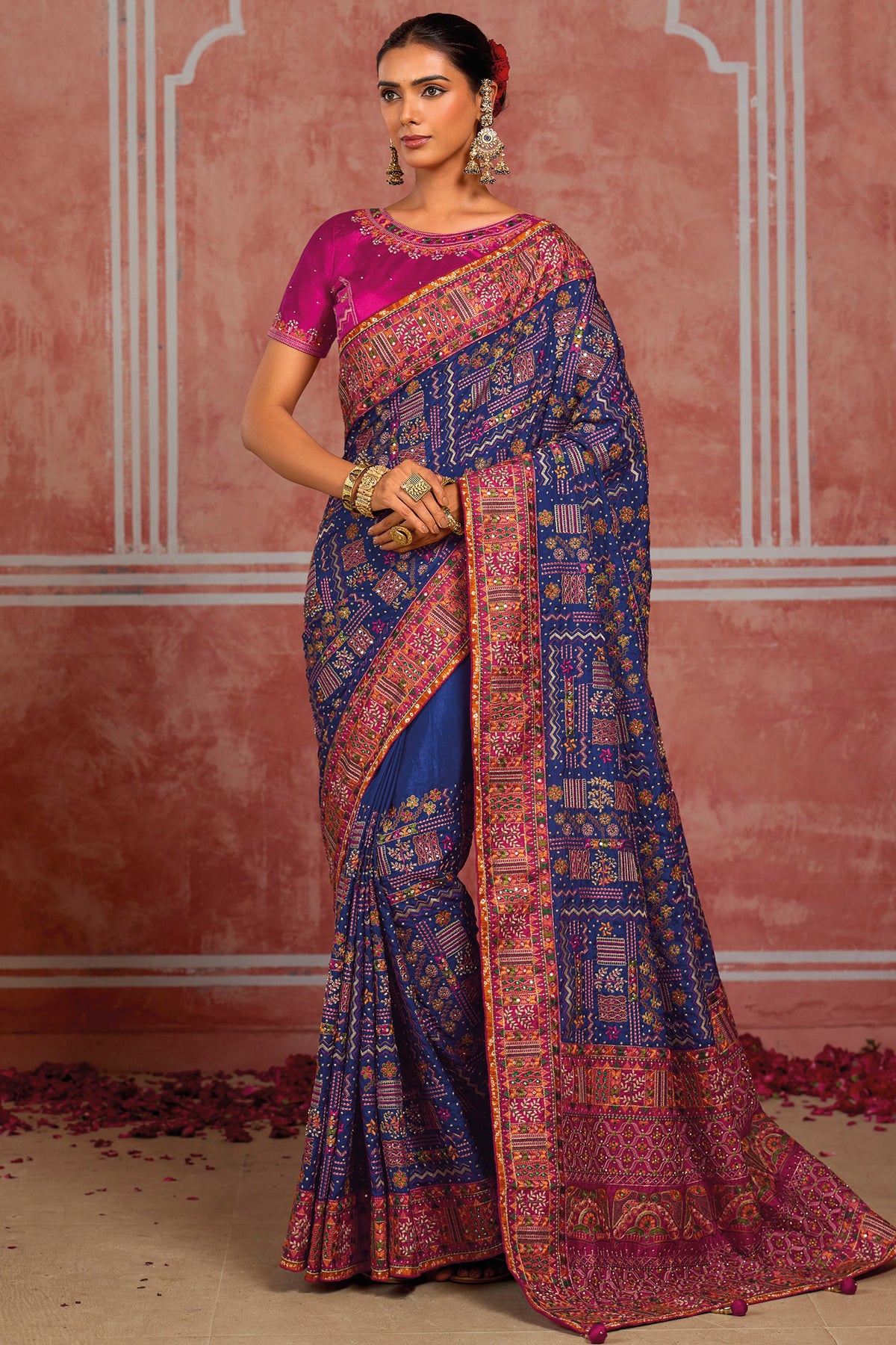 Royal Blue Silk Saree with Kachhi & Mirror Work
