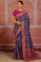 Royal Blue Silk Saree with Kachhi & Mirror Work