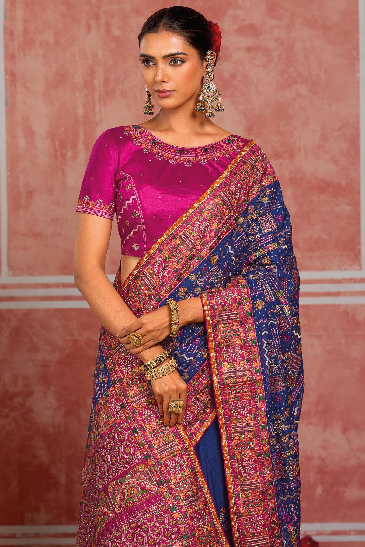 Royal Blue Silk Saree with Kachhi & Mirror Work