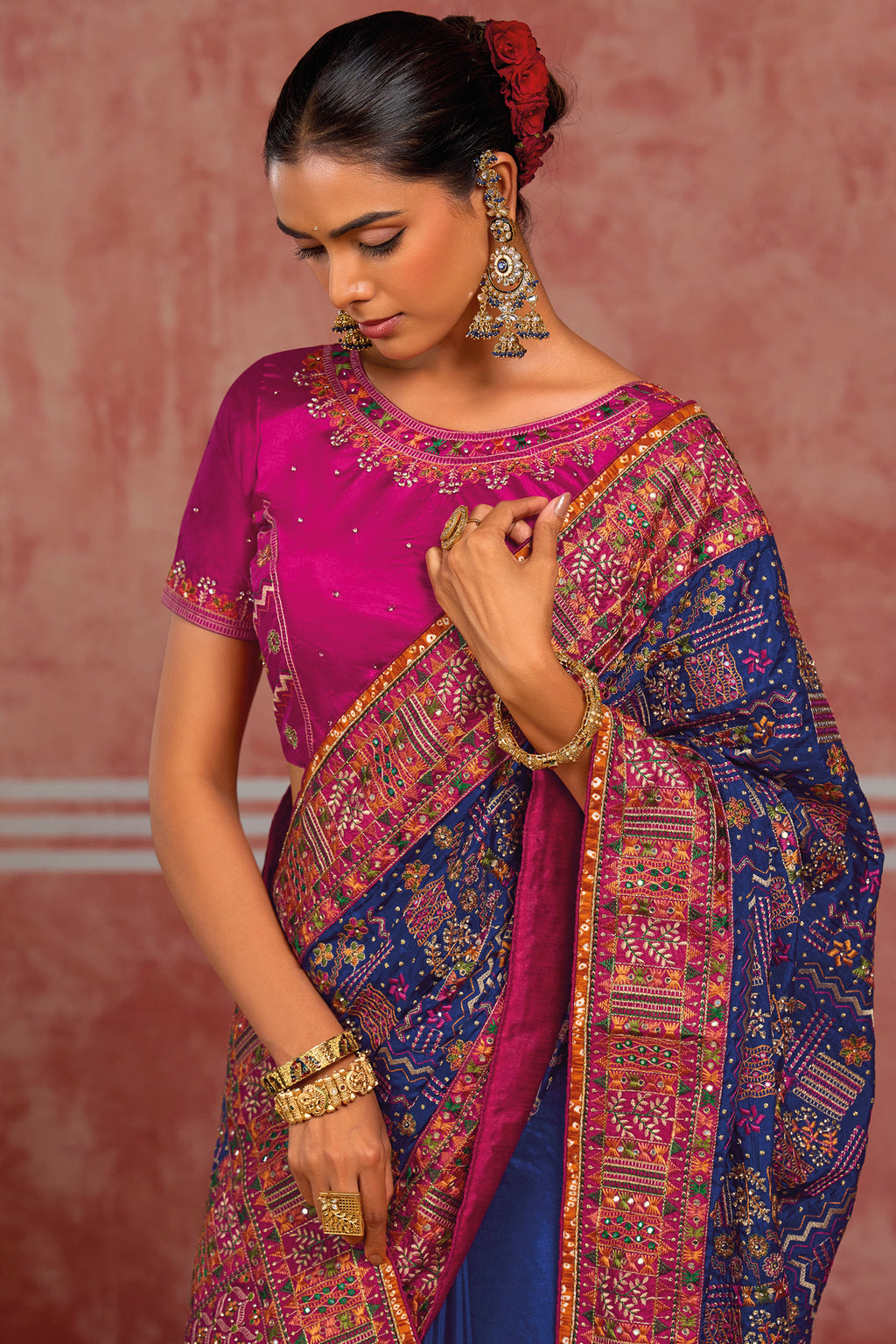 Royal Blue Silk Saree with Kachhi & Mirror Work