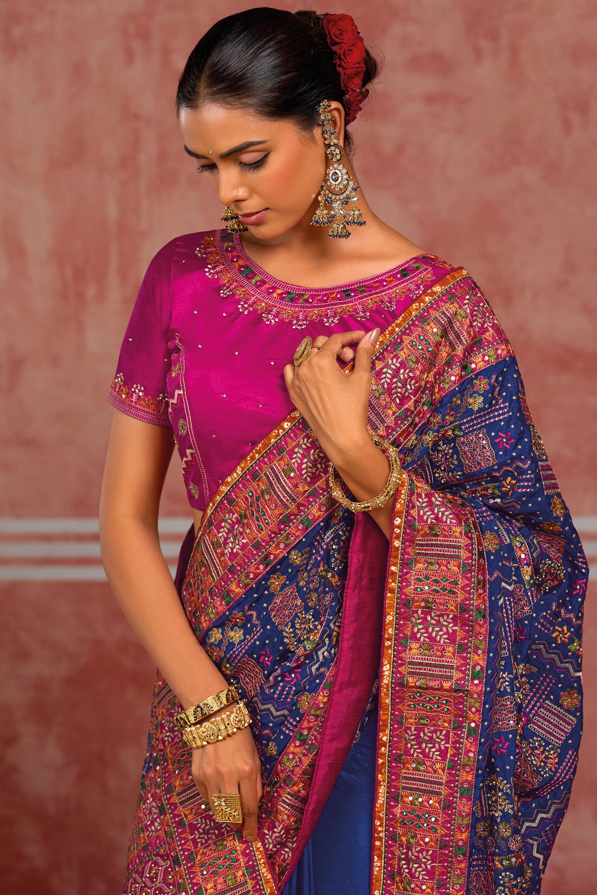 Royal Blue Silk Saree with Kachhi & Mirror Work