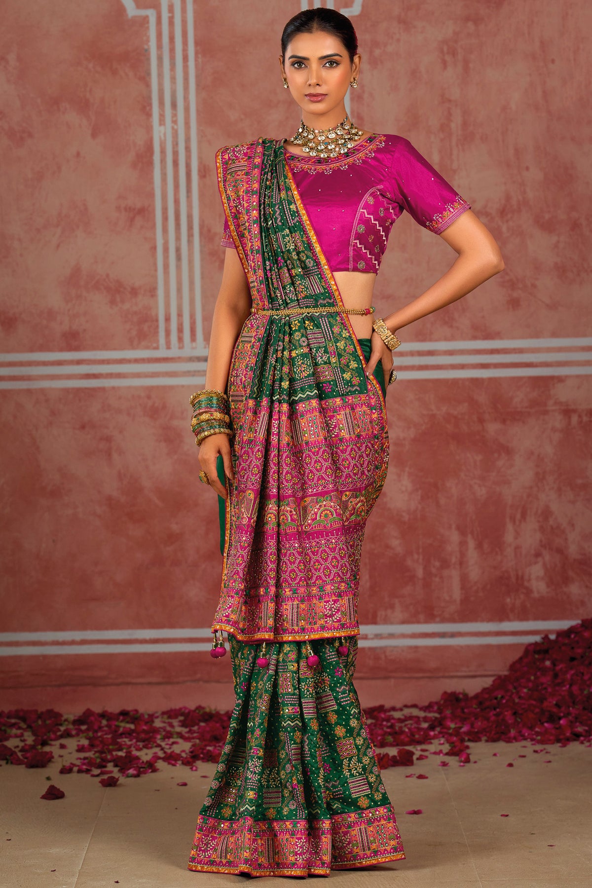 Deep Green Silk Saree with Heavy Kachhi Handwork
