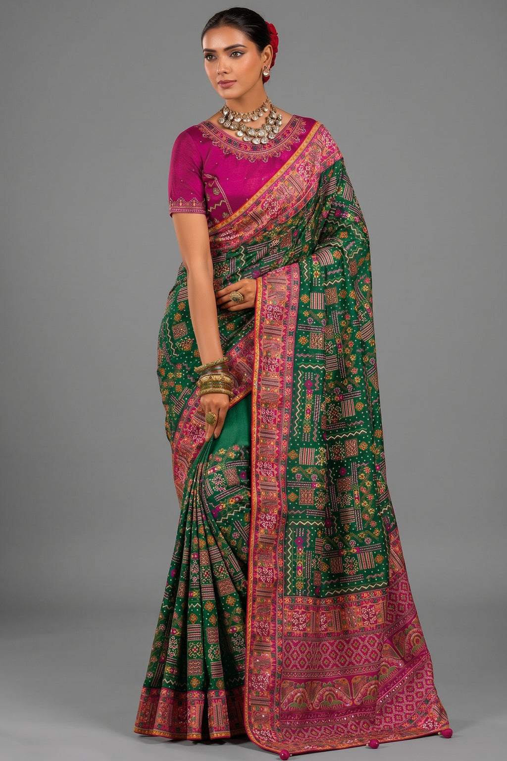 Deep Green Silk Saree with Heavy Kachhi Handwork