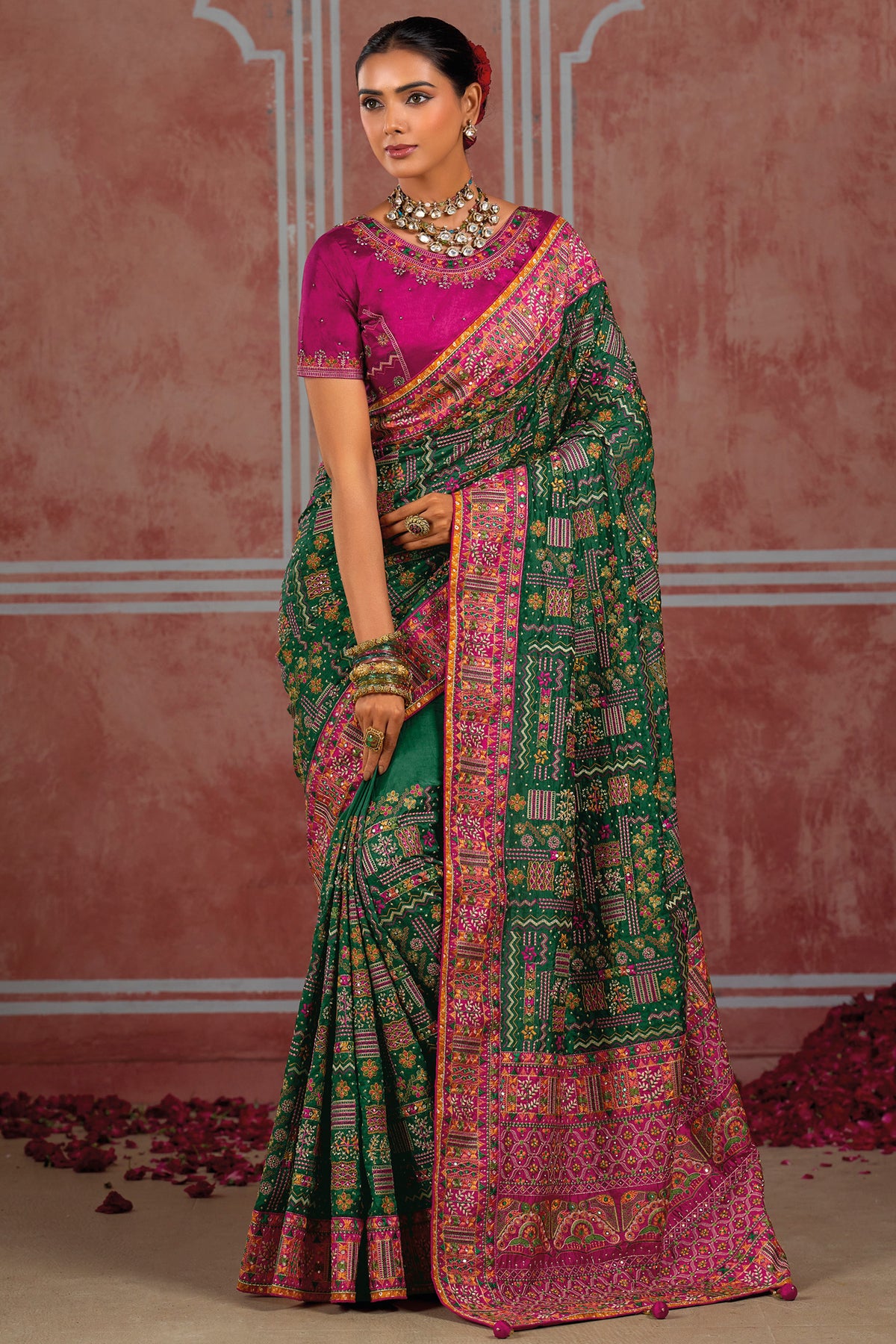 Deep Green Silk Saree with Heavy Kachhi Handwork