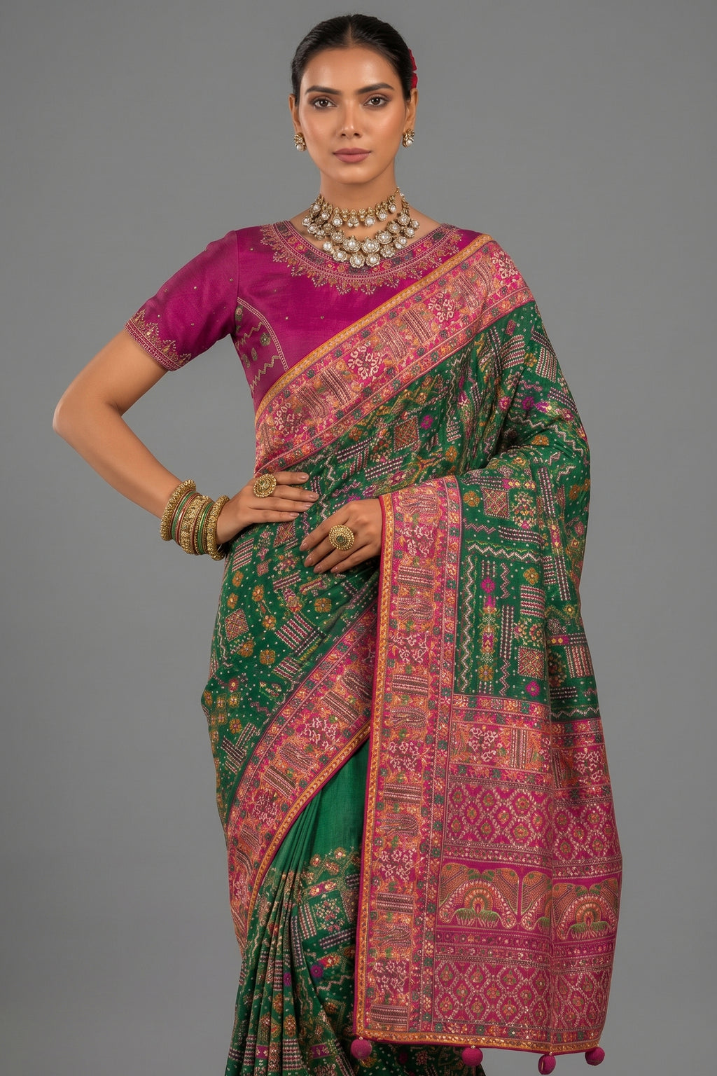 Deep Green Silk Saree with Heavy Kachhi Handwork