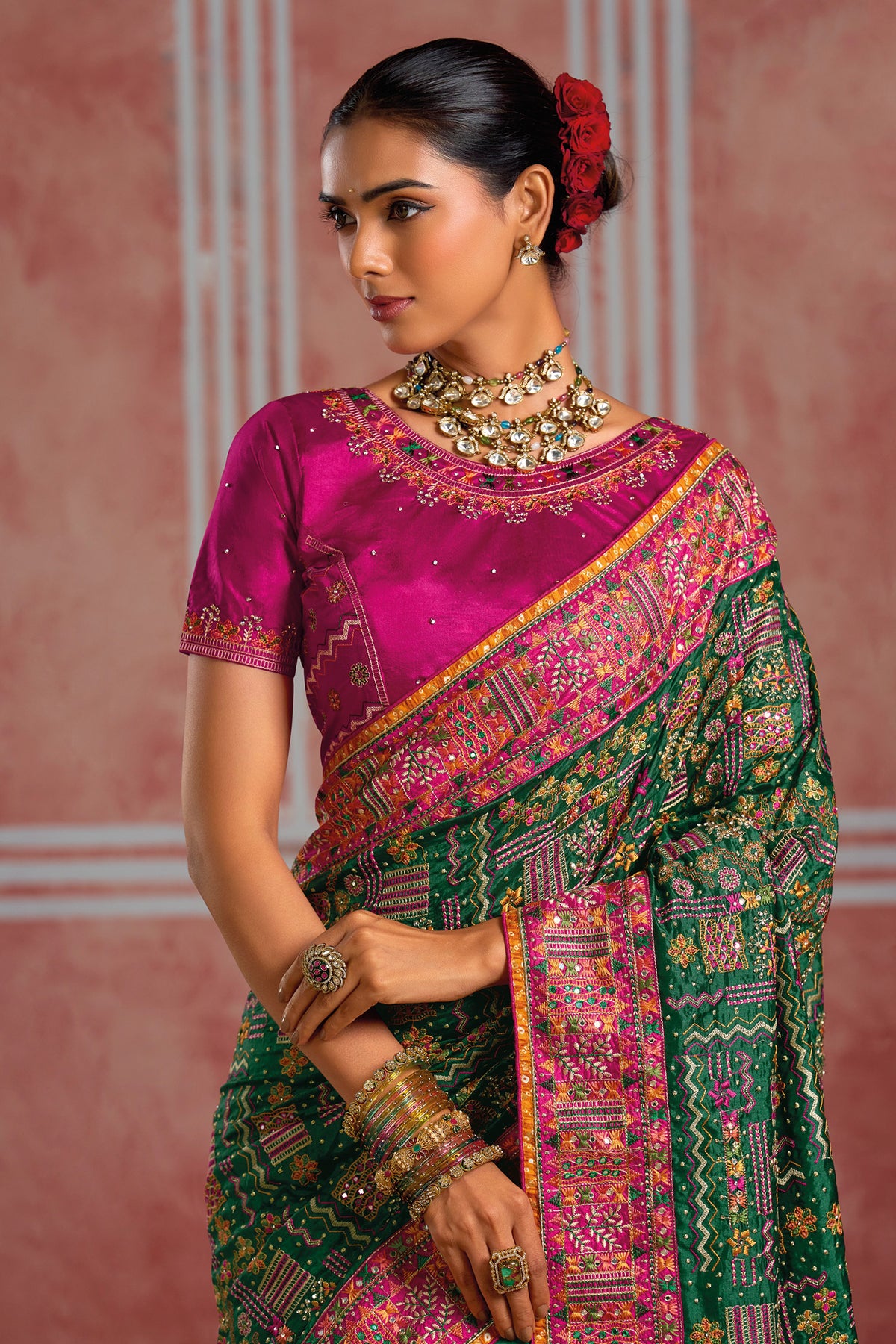 Deep Green Silk Saree with Heavy Kachhi Handwork