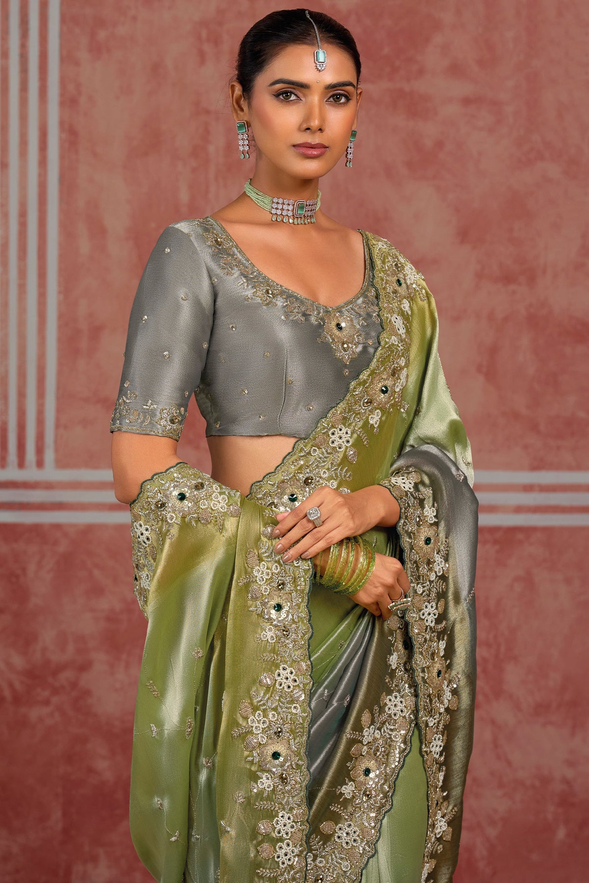 Green and Grey Silk Designer Saree with Heavy Pearl & Stone Cutdana Border