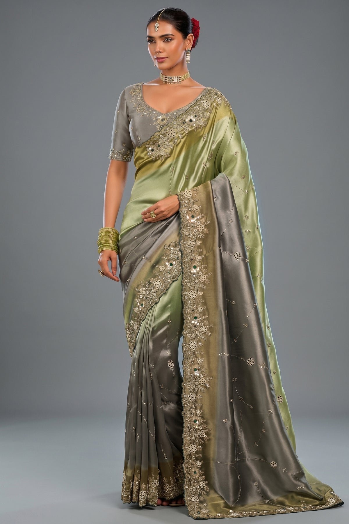 Green and Grey Silk Designer Saree with Heavy Pearl & Stone Cutdana Border