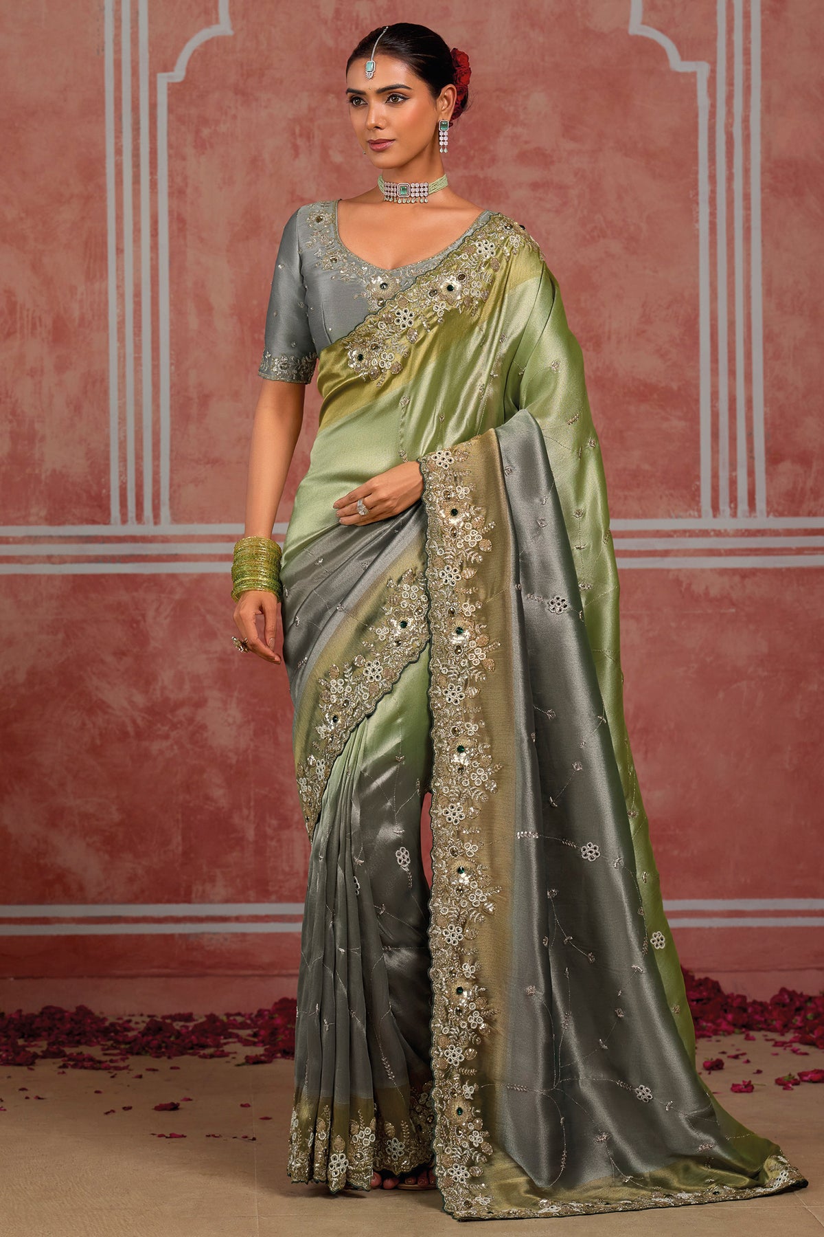 Green and Grey Silk Designer Saree with Heavy Pearl & Stone Cutdana Border