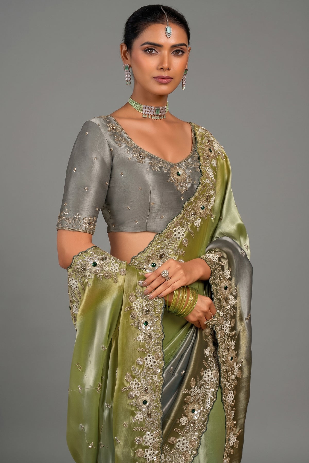 Green and Grey Silk Designer Saree with Heavy Pearl & Stone Cutdana Border