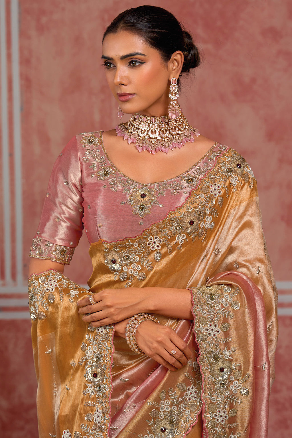 Golden and Pink Silk Saree with Scalloped Crystal Cutdana & Pearl Embroidery Work