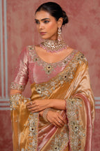 Golden and Pink Silk Saree with Scalloped Crystal Cutdana & Pearl Embroidery Work
