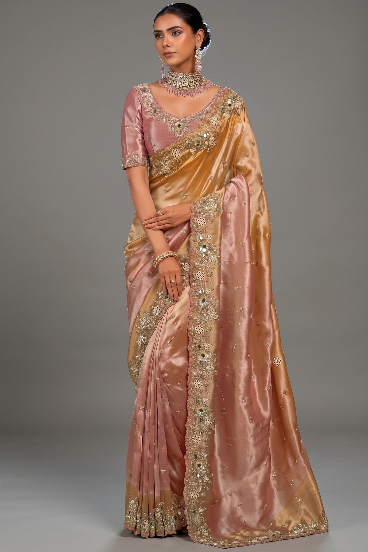 Golden and Pink Silk Saree with Scalloped Crystal Cutdana & Pearl Embroidery Work