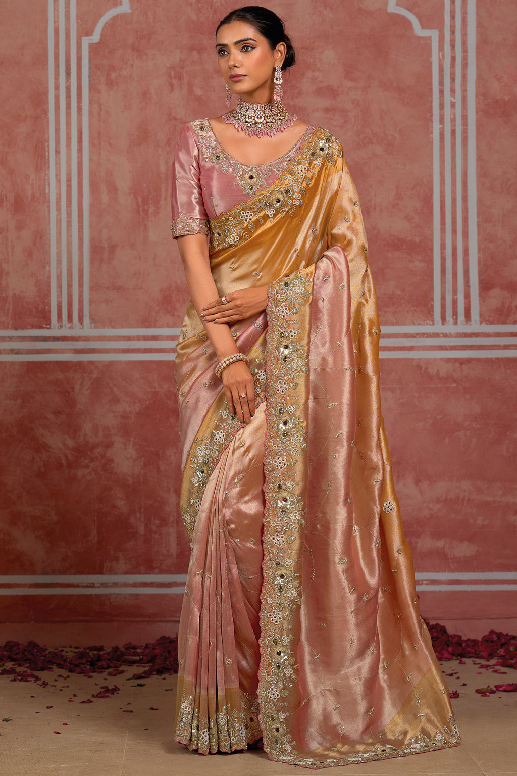 Golden and Pink Silk Saree with Scalloped Crystal Cutdana & Pearl Embroidery Work