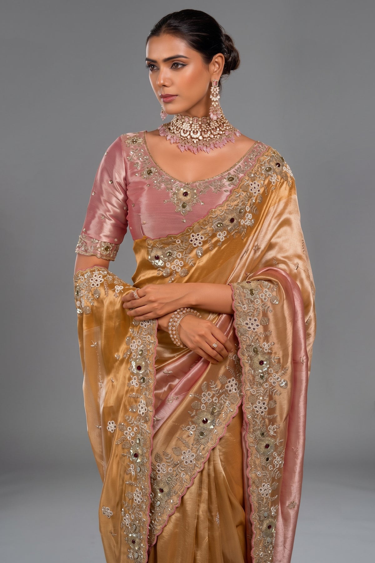 Golden and Pink Silk Saree with Scalloped Crystal Cutdana & Pearl Embroidery Work