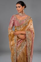 Golden and Pink Silk Saree with Scalloped Crystal Cutdana & Pearl Embroidery Work