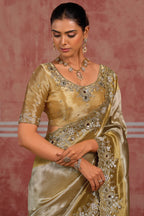 Silver and Golden Pure Ziraf Silk Cutdana & Stone Work Saree