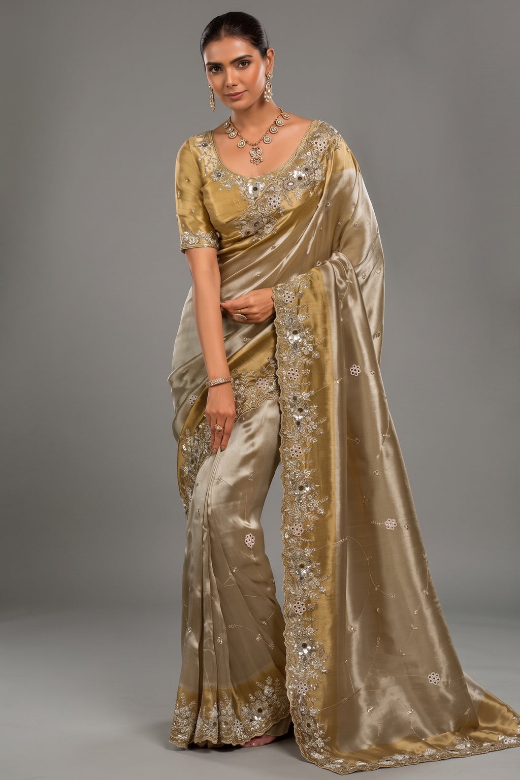 Silver and Golden Pure Ziraf Silk Cutdana & Stone Work Saree