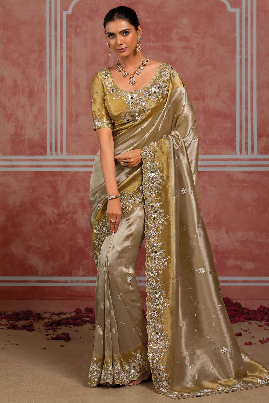 Silver and Golden Pure Ziraf Silk Cutdana & Stone Work Saree