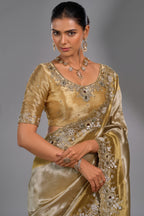 Silver and Golden Pure Ziraf Silk Cutdana & Stone Work Saree