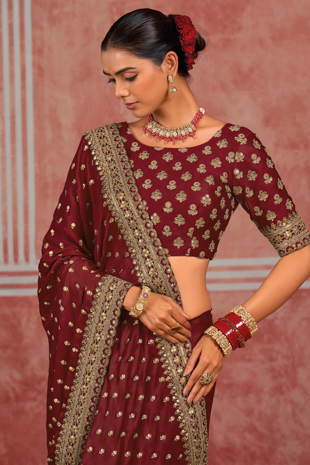 Maroon Pure Munga Silk Saree with Metal Sequin & Zari Heavy Work