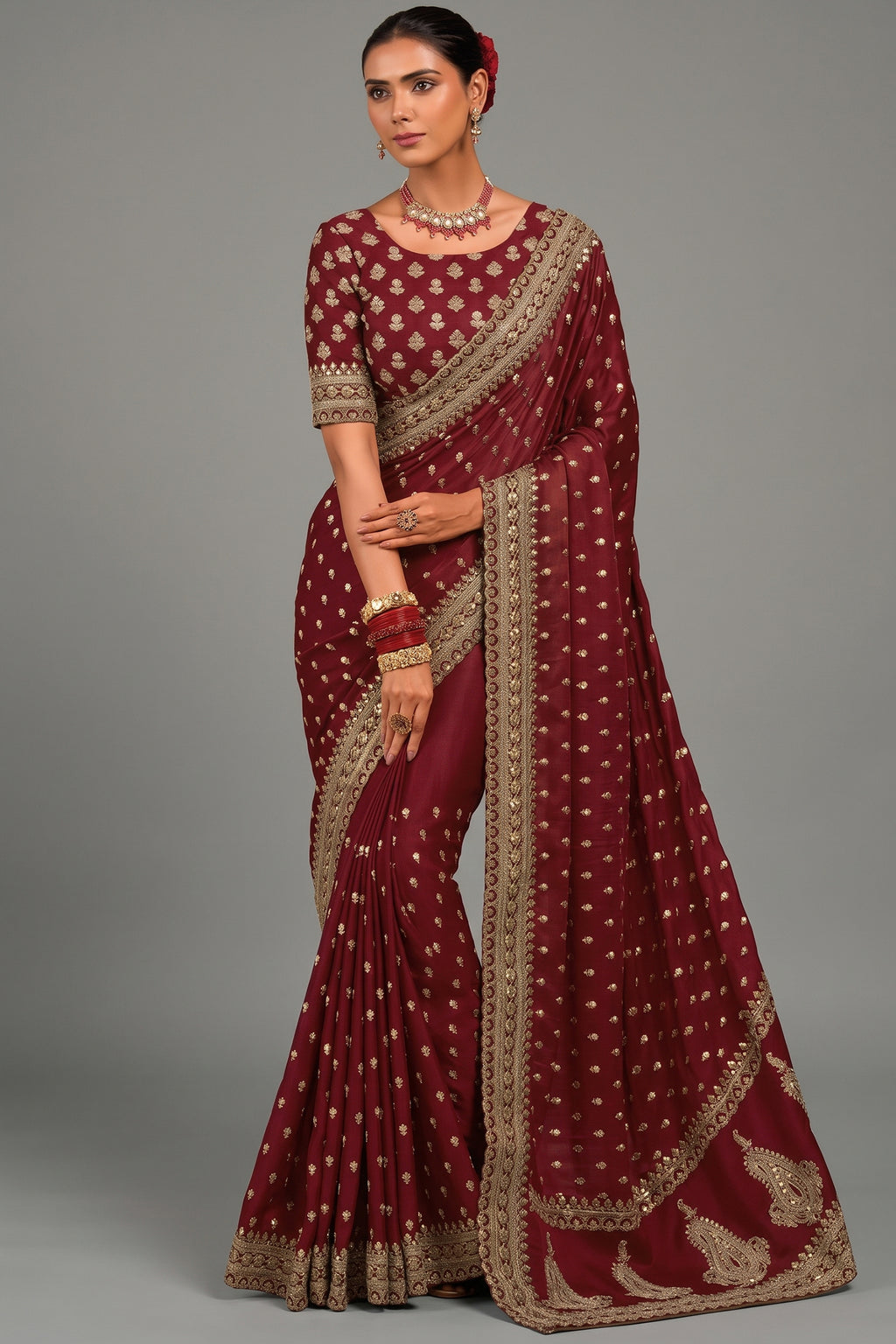 Maroon Pure Munga Silk Saree with Metal Sequin & Zari Heavy Work