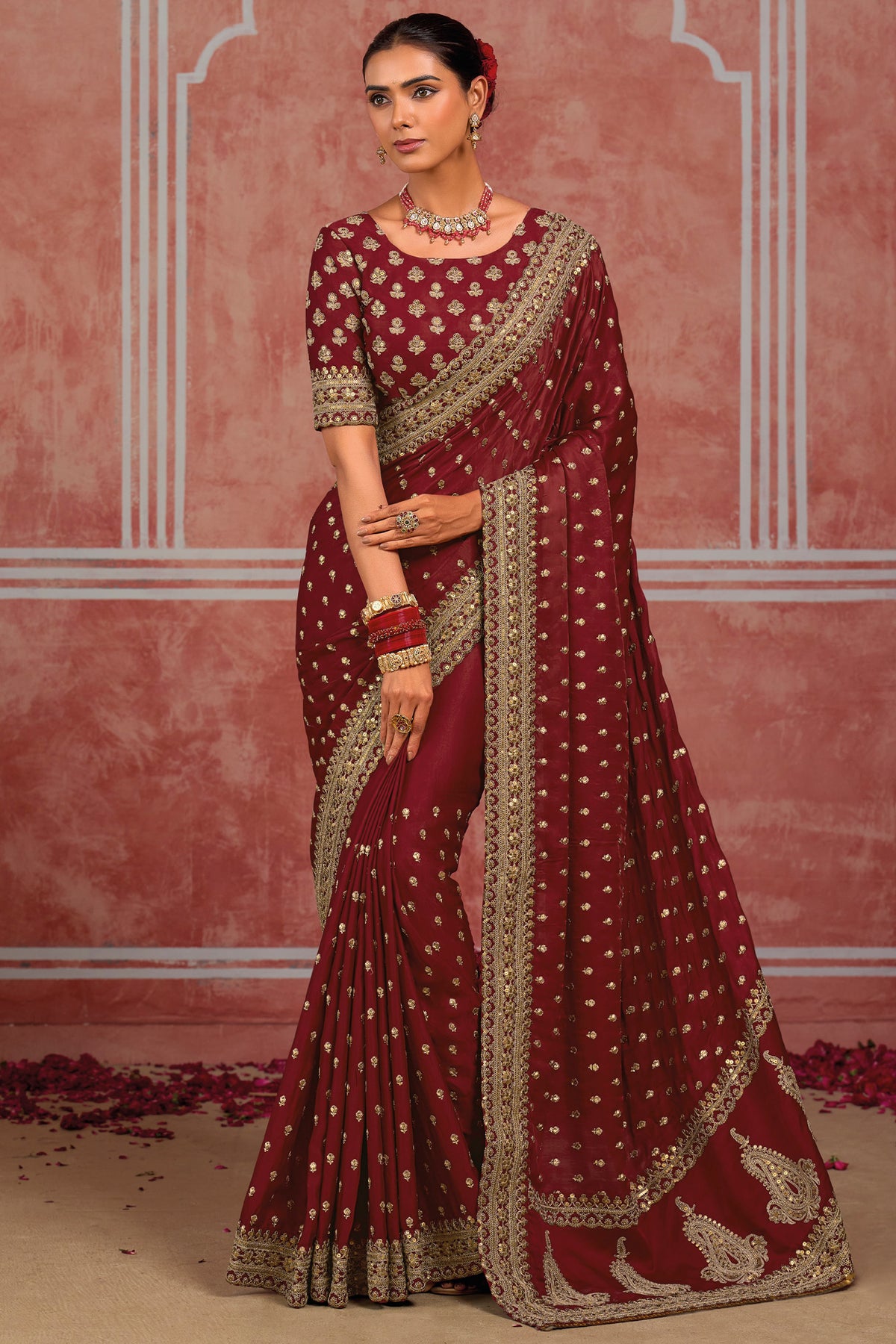Maroon Pure Munga Silk Saree with Metal Sequin & Zari Heavy Work