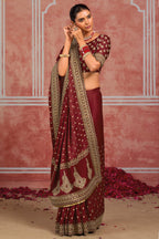 Maroon Pure Munga Silk Saree with Metal Sequin & Zari Heavy Work