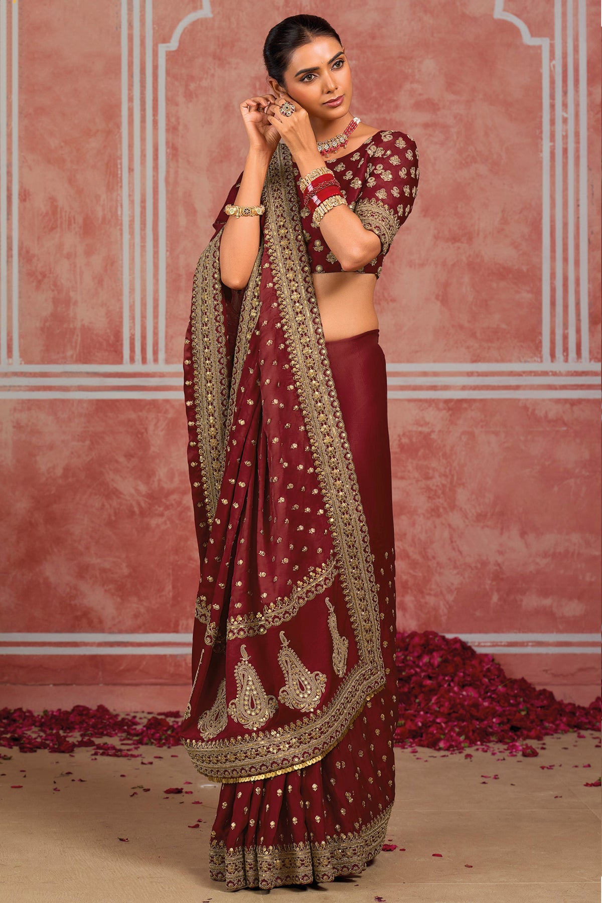 Maroon Pure Munga Silk Saree with Metal Sequin & Zari Heavy Work
