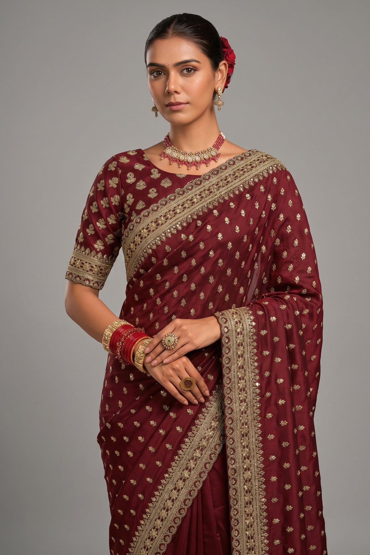 Maroon Pure Munga Silk Saree with Metal Sequin & Zari Heavy Work