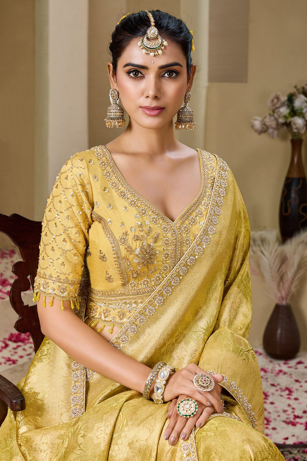 Mustard Yellow Tissue Saree with Weaving & Pearl-Beads Accent