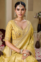 Mustard Yellow Tissue Saree with Weaving & Pearl-Beads Accent