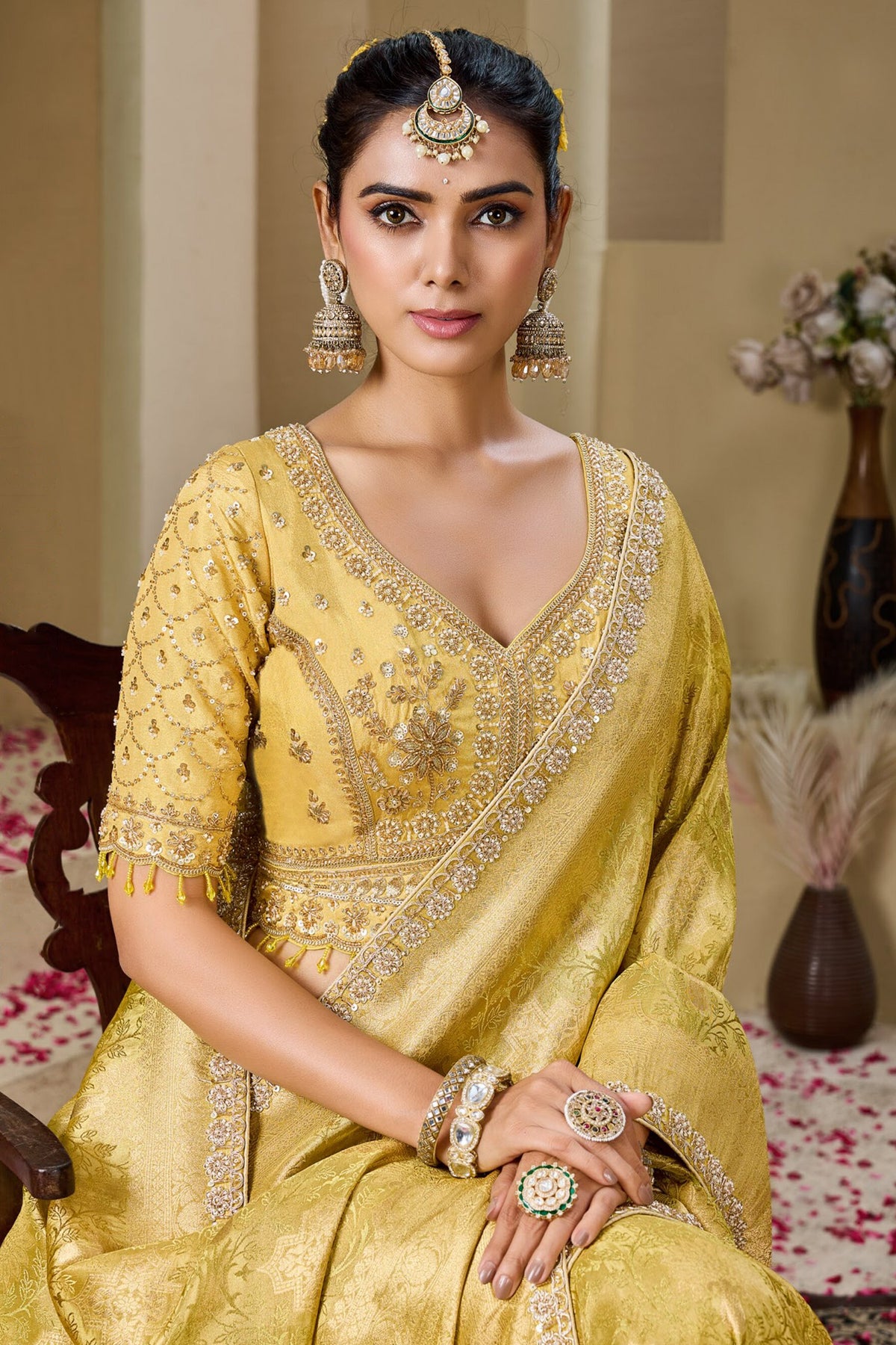 Mustard Yellow Tissue Saree with Weaving & Pearl-Beads Accent