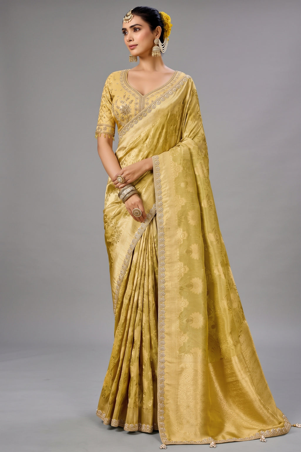 Mustard Yellow Tissue Saree with Weaving & Pearl-Beads Accent