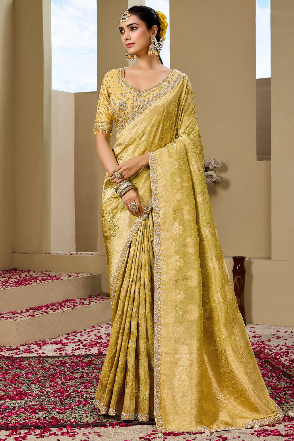Mustard Yellow Tissue Saree with Weaving & Pearl-Beads Accent