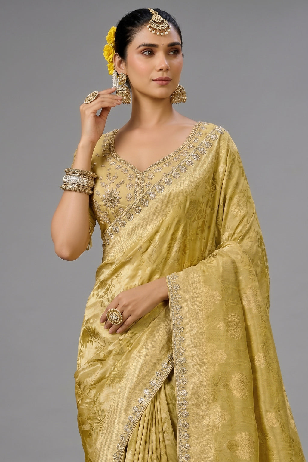 Mustard Yellow Tissue Saree with Weaving & Pearl-Beads Accent