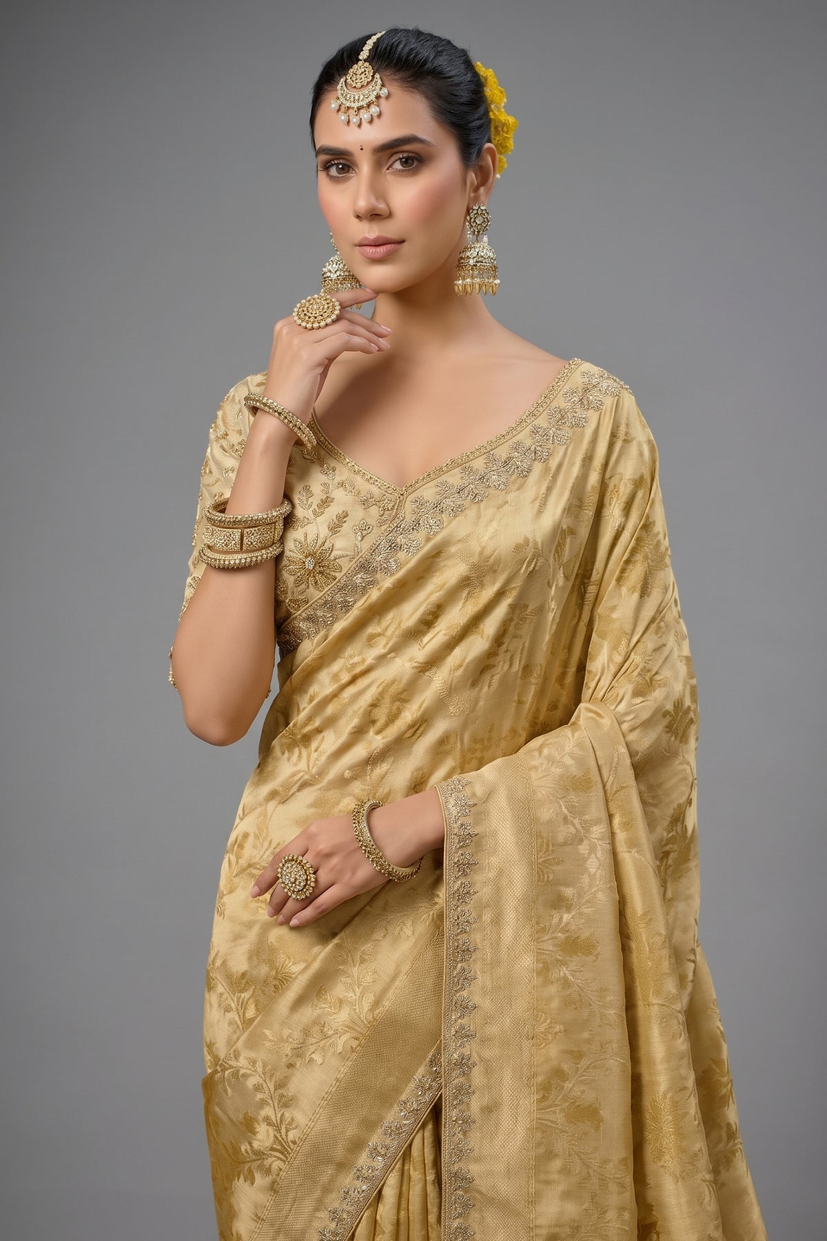 Champagne Gold Tissue Saree with Weaving