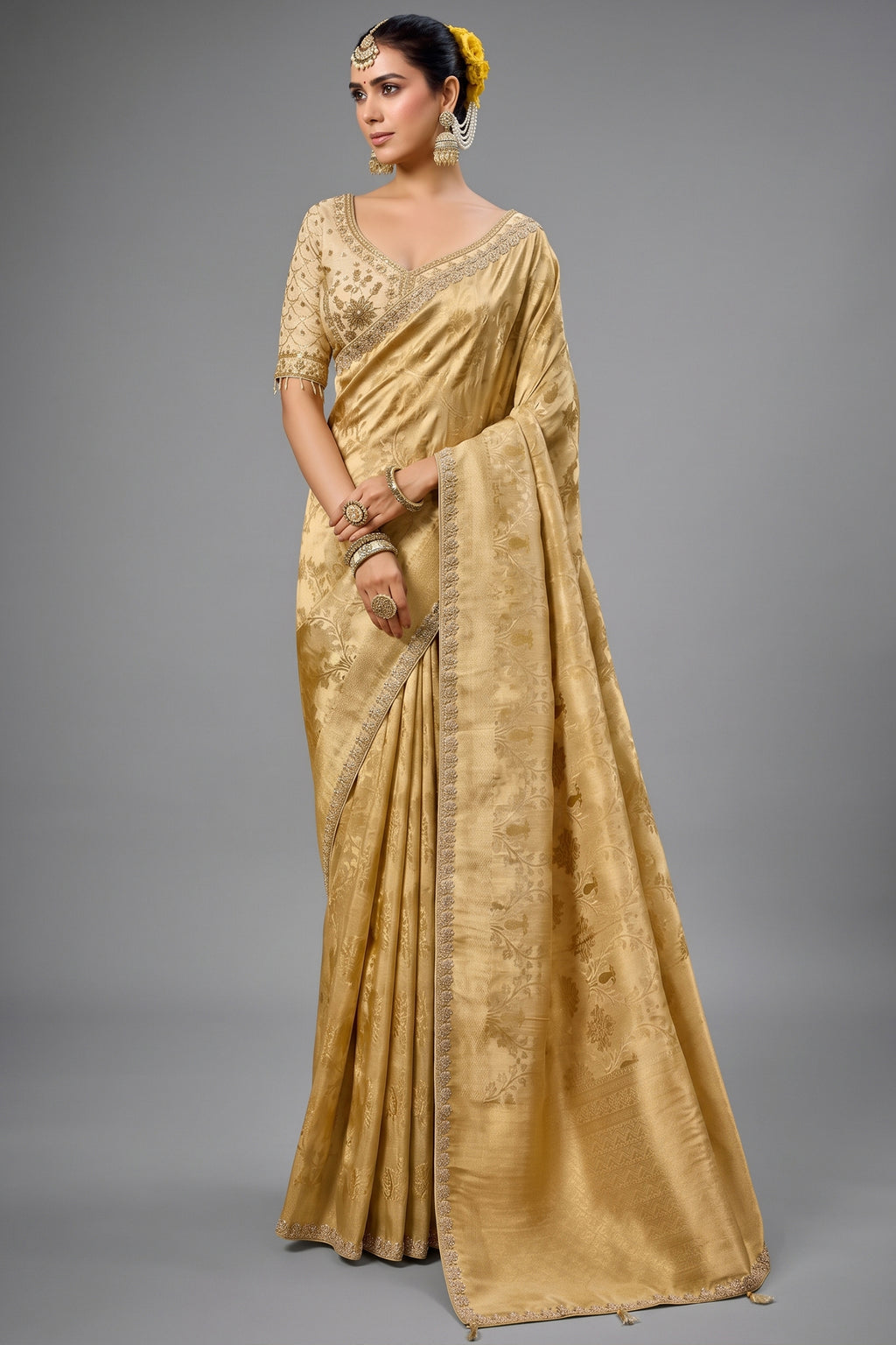 Champagne Gold Tissue Saree with Weaving