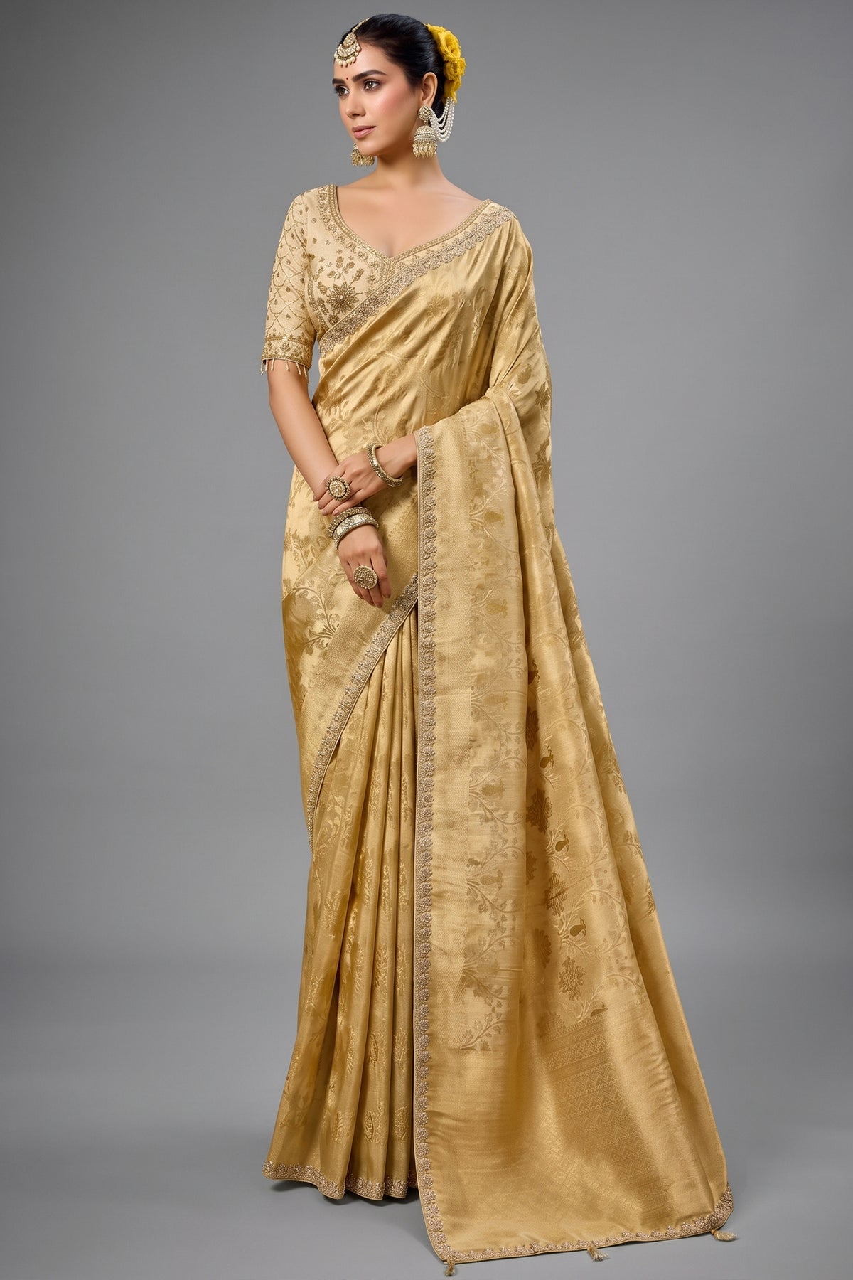 Champagne Gold Tissue Saree with Weaving