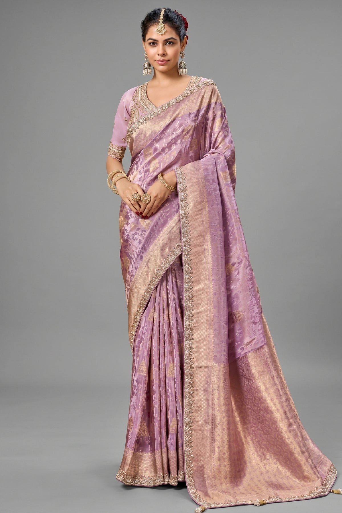 Soft Lavender Metallic Tissue Saree detailed with Intricate Weaving