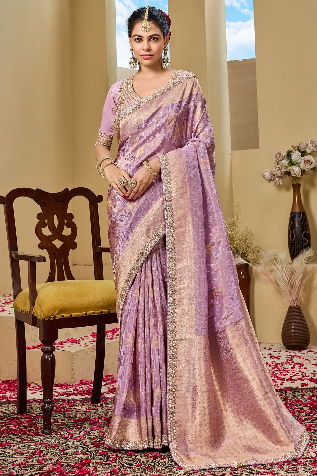 Soft Lavender Metallic Tissue Saree detailed with Intricate Weaving