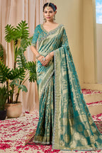 Deep Teal Metallic Tissue Saree detailed with Intricate Weaving
