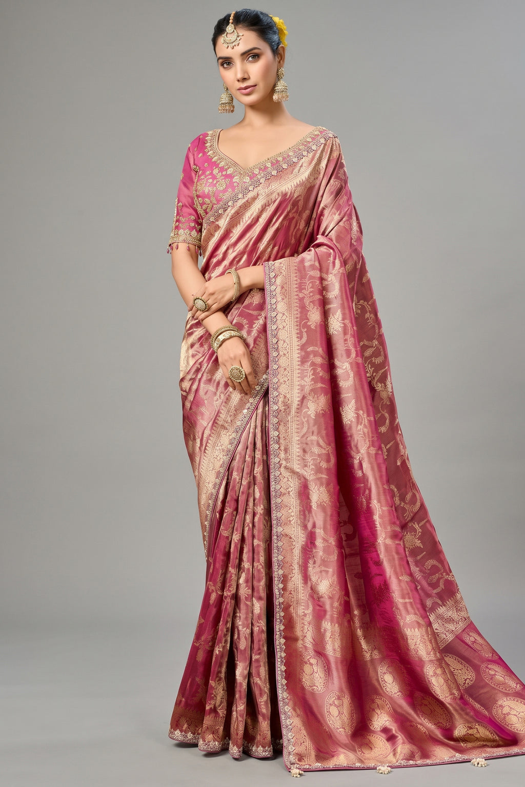Rich Magenta Metallic Tissue Saree detailed with Intricate Weaving & Pearl-Beads Accent