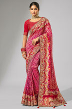 Magenta Pink Pure Georgette Bandhej Embroidered Saree with Cutdana Work Border