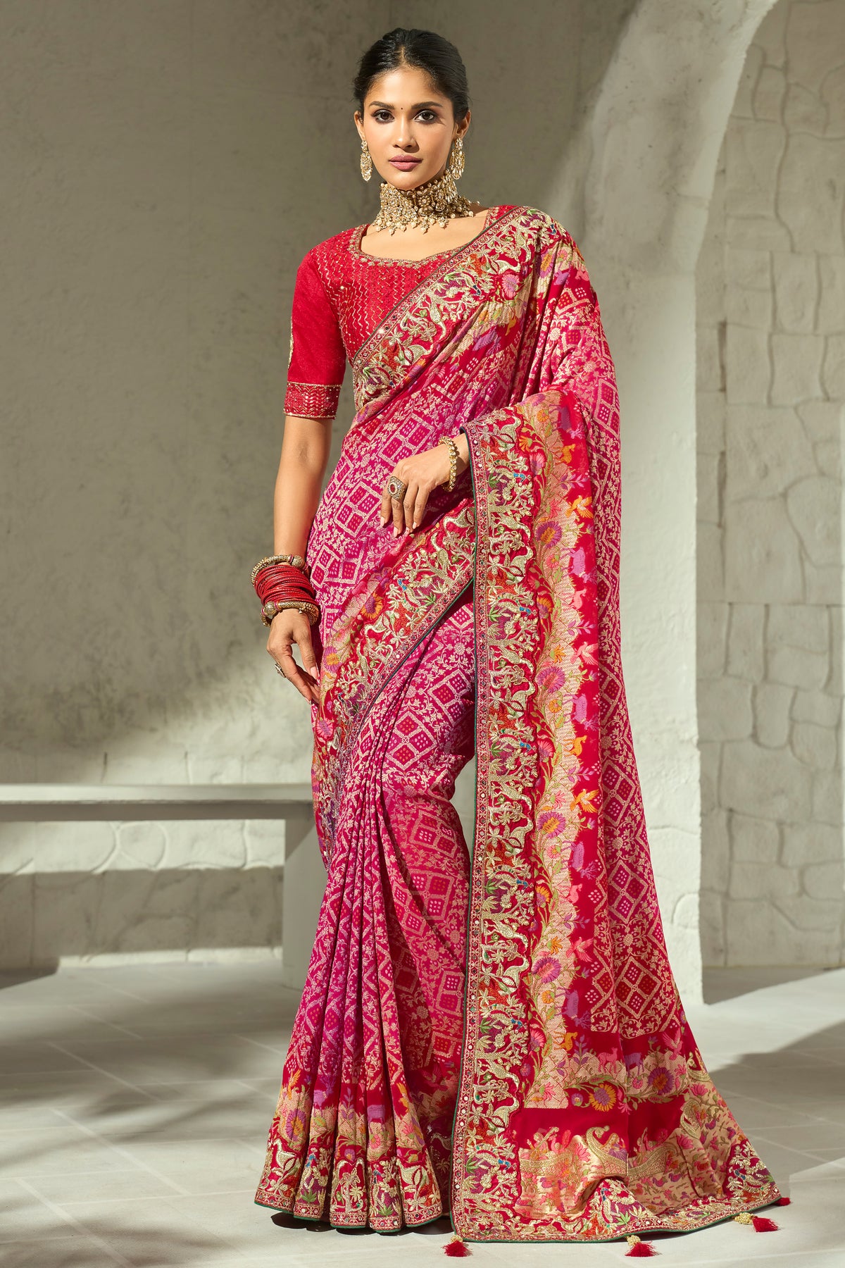 Magenta Pink Pure Georgette Bandhej Embroidered Saree with Cutdana Work Border
