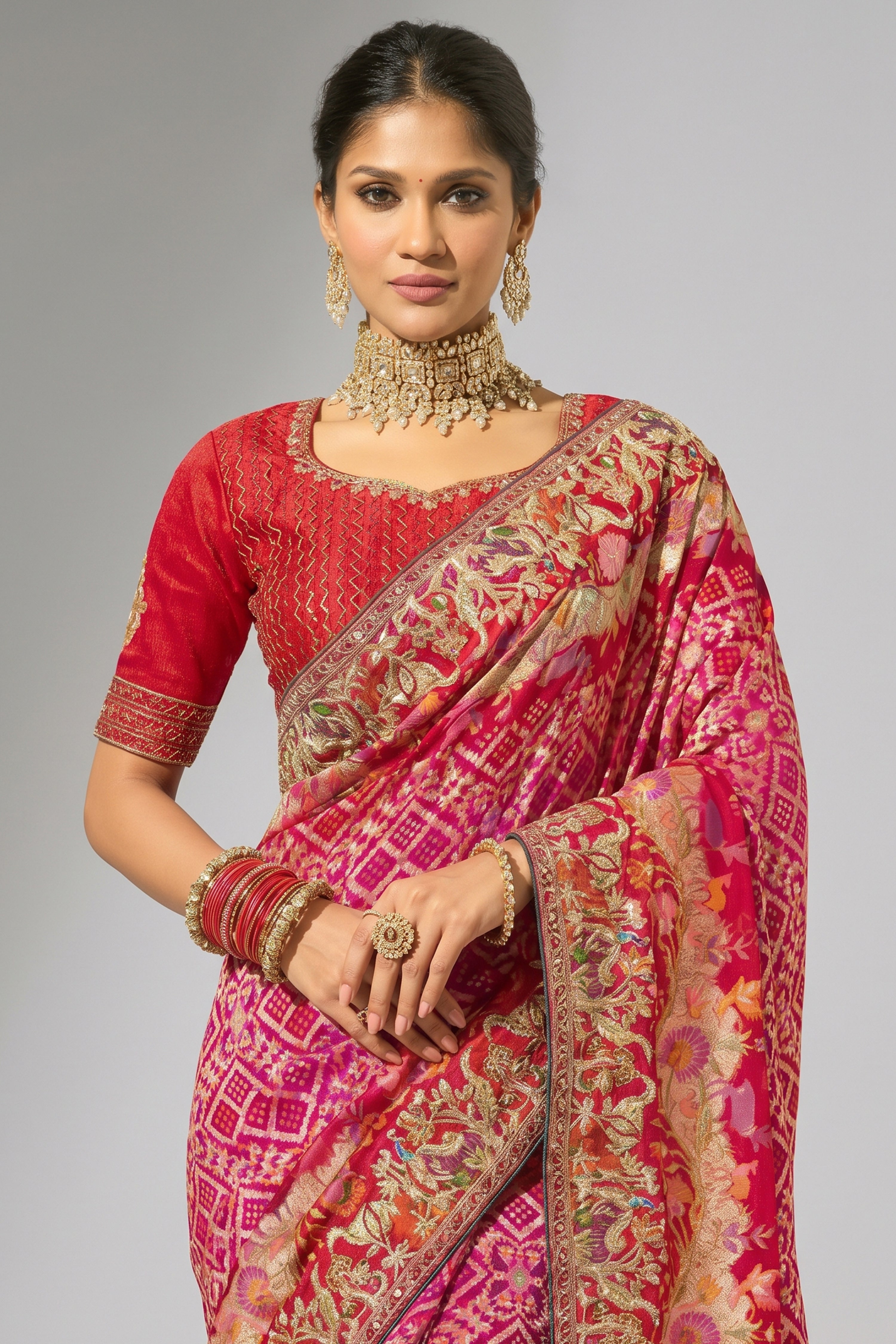 Magenta Pink Pure Georgette Bandhej Embroidered Saree with Cutdana Work Border Secondary image